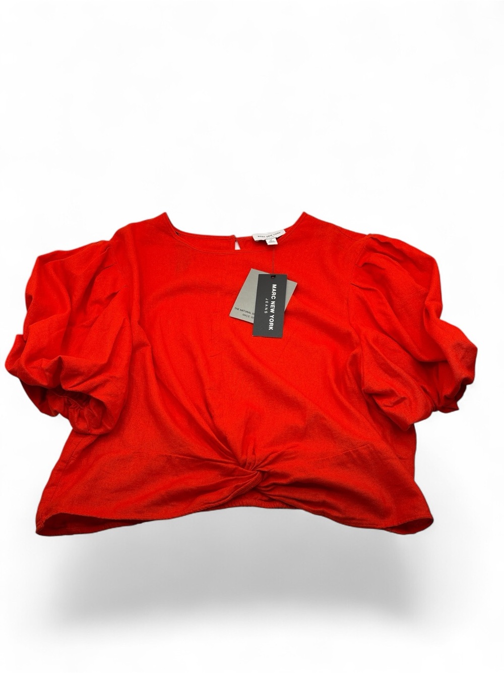 Marc New York Jeans Front Knot Twist Puff Sleeve Linen Blouse in Red SZ. M NWT